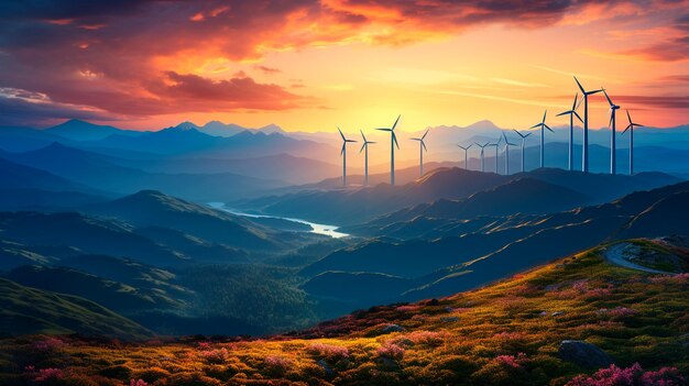 Windkraftanlagen auf einem Hügel in den Bergen