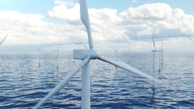 Windkraftanlagen im Meer. Schöner Kontrast zum blauen Meer. Ökologische Nettoenergie, saubere Energie, Windenergie Offshore-Windpark im Meer oder Ozean.