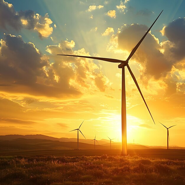 Windkraftanlagen mit erneuerbarer Energie vor einer untergehenden Sonne