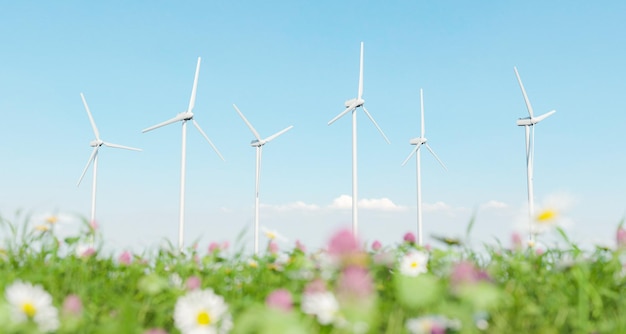 Windkraftanlagen mit Frühlingswiese im Vordergrund