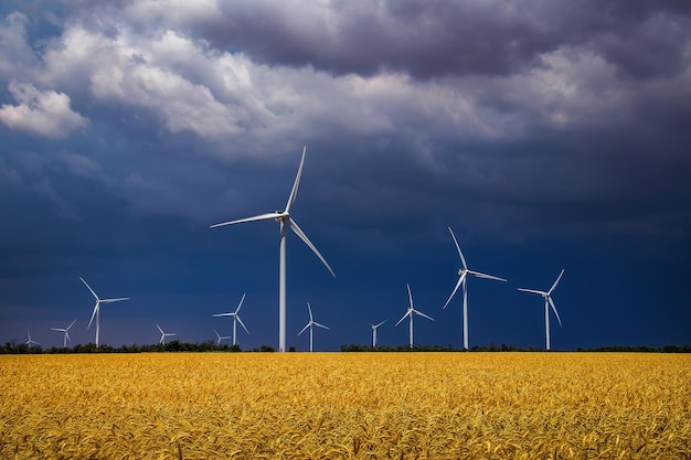 Windkraftanlagen und landwirtschaftliches Feld an einem bewölkten Sommertag Energieerzeugung saubere und erneuerbare Energie