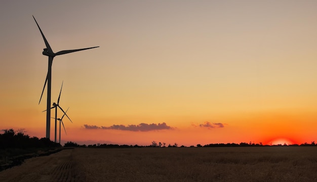 Windkraftanlagen und landwirtschaftliches Feld an einem Sommertag Energieerzeugung saubere und erneuerbare Energie