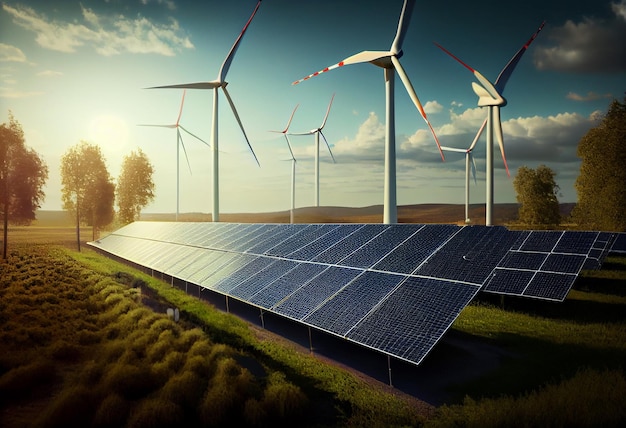 Windkraftanlagen und Sonnenkollektoren landen auf einem Feld. Erneuerbare grüne Energie erzeugen KI