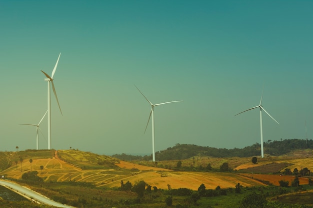 Windkraftanlagen unter dem Himmel für Technologiekonzept. Windkraftanlagen zur Stromerzeugung.