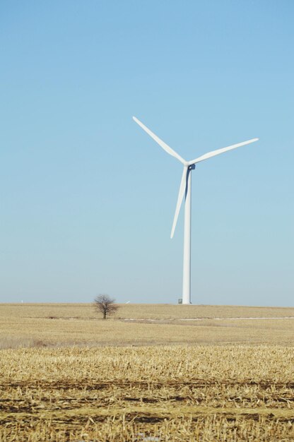 Foto windmühle auf dem feld gegen den klaren blauen himmel