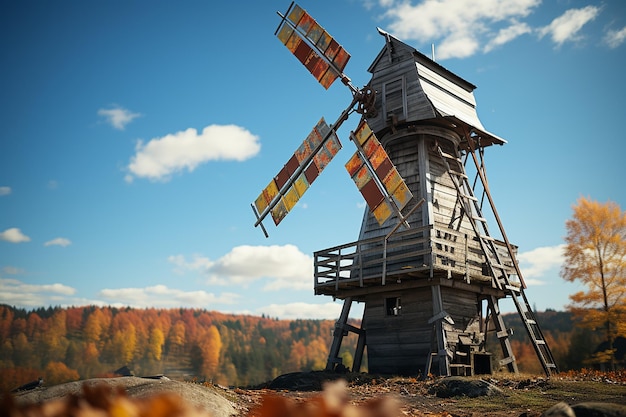 Foto windmühle drehen sich aufgrund der blühenden brise