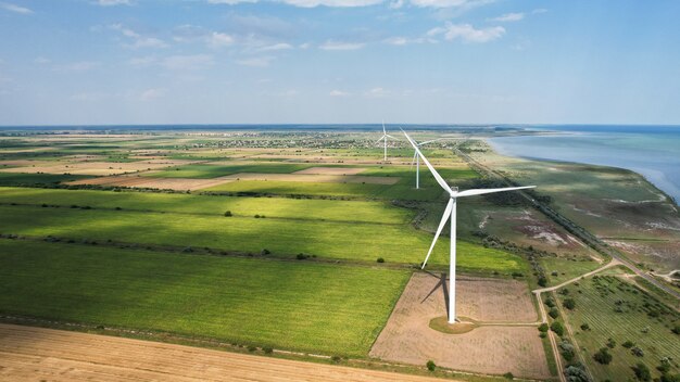 Windmühlen auf den Feldern am Meer aus der Vogelperspektive