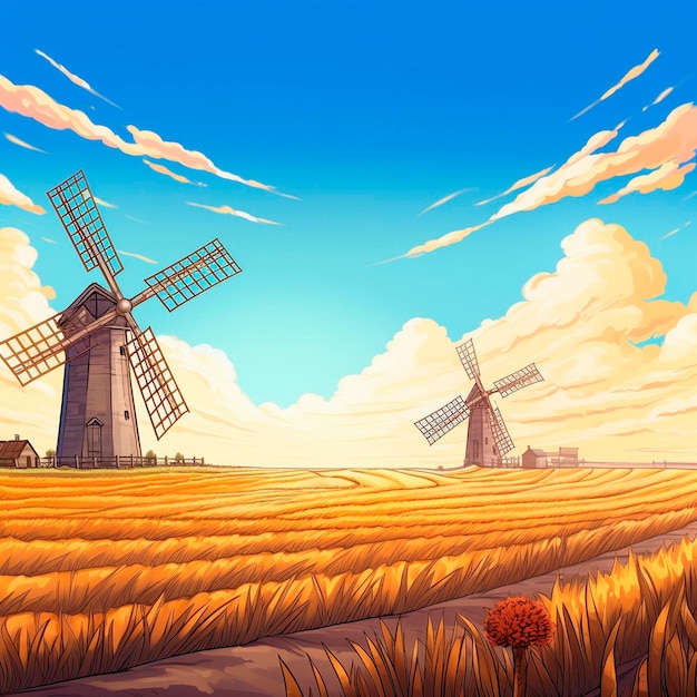 Windmühlen auf einem Feld im Anime-Stil