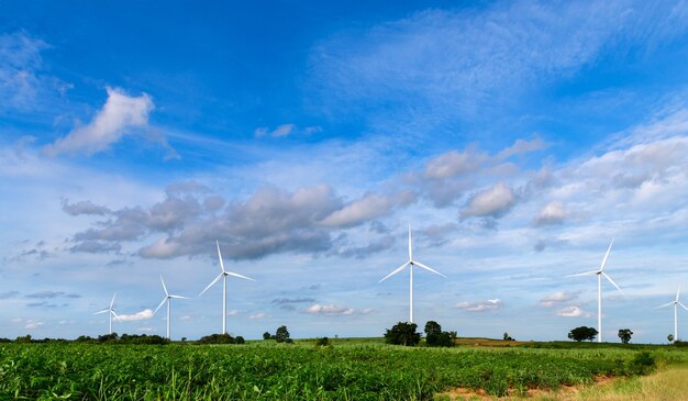 Windmühlen für Stromerzeugung und blauen Himmel