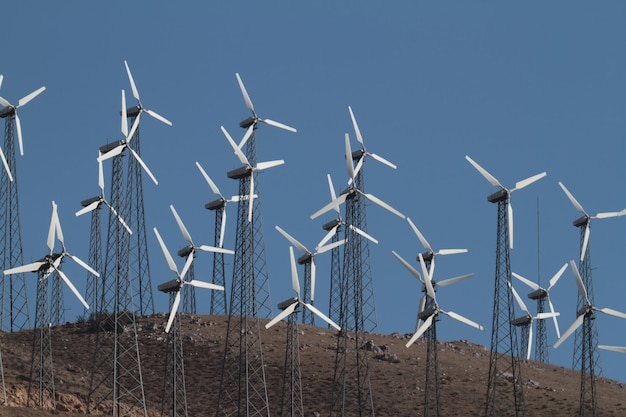 Windmühlen in der Landschaft vor strahlend blauem Himmel