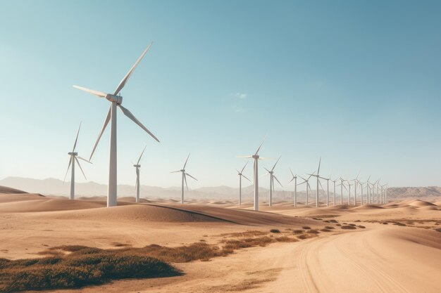 Windmühlen Moderne Windturbinenfarm in der Wüste nutzt erneuerbare Energie aus Wind Sanddünen klar