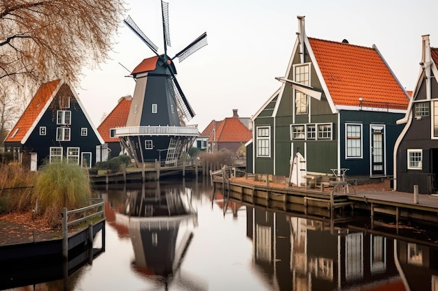 Windmühlen und traditionelle holländische Häuser in einem Dorf, das mit generativer KI geschaffen wurde