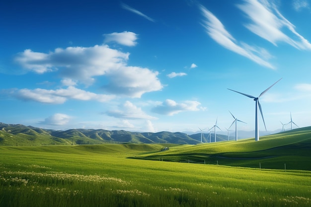 Windpark mit hoch aufragenden Windturbinen, die unter bewölktem Himmel Energie erzeugen. Ökologiekonzept