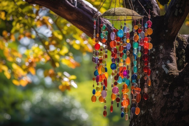 Windspiel-Skulptur mit Regenbogenfarben, die an einem Baum im Garten hängen und mit generativer KI erstellt wurden