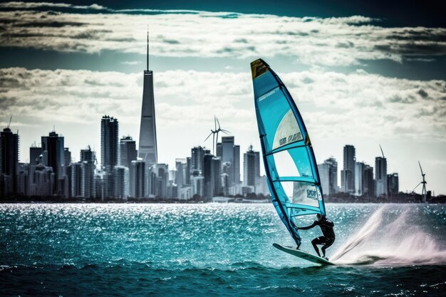 Windsurfer gleitet über azurblaues Wasser mit der Skyline der Stadt im Hintergrund