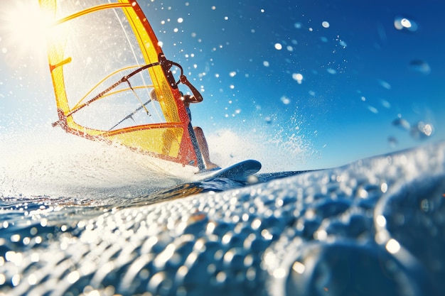 Windsurfista em ação dinâmica contra o céu azul claro