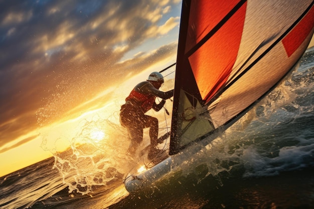 El windsurfista equipado con una vela y una tabla se desliza con gracia a través del agua con habilidad