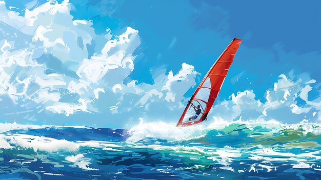 Foto el windsurfista monta las olas un hombre con un traje de buceo rojo windsurfa en las altas olas en el océano abierto el cielo es azul y nublado