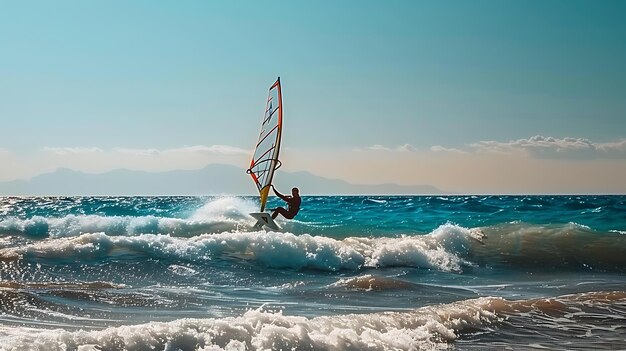 Foto el windsurfista monta las olas el windsurhista está en medio del océano con el sol brillando brillantemente por encima