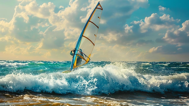 Foto el windsurfista monta las olas el windsurhista está en medio del océano con el sol brillando brillantemente por encima