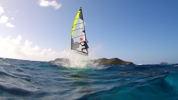 Windsurfista solteiro curtindo as ondas