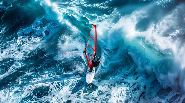 Foto el windsurfista viaja por alta mar el windsurfist está rodeado de grandes olas que se estrellan el windsurhista se aferra firmemente a la vela