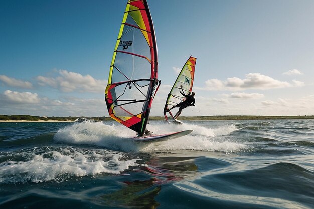 Los windsurfistas deslizándose por el agua