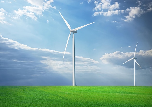 Windturbine in grüner Graslandschaft Blauer Himmel mit Wolken und Sonnenschein