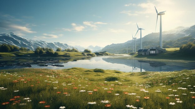 Windturbinen an einem See mit Bergen im Hintergrund