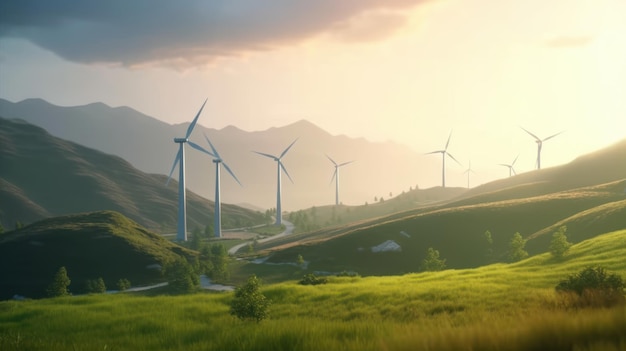 Windturbinen auf den grünen Hügeln vor dem farbenprächtigen Sonnenuntergangshimmel produzieren erneuerbare grüne Energie