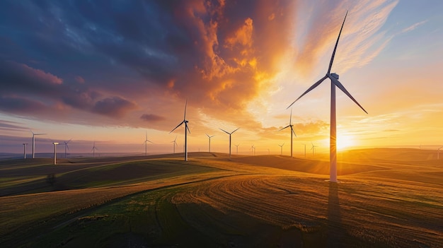 Foto windturbinen auf sanften hügeln bei einem strahlenden sonnenuntergang