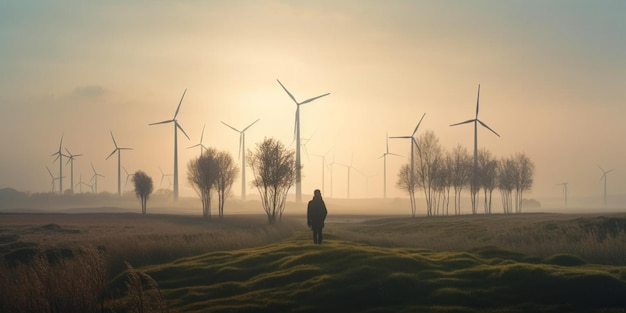 Windturbinen sind alternative Stromquellen das Konzept nachhaltiger Ressourcen Menschen in der Gemeinde mit Windgeneratoren Turbinen Erneuerbare Rückansicht