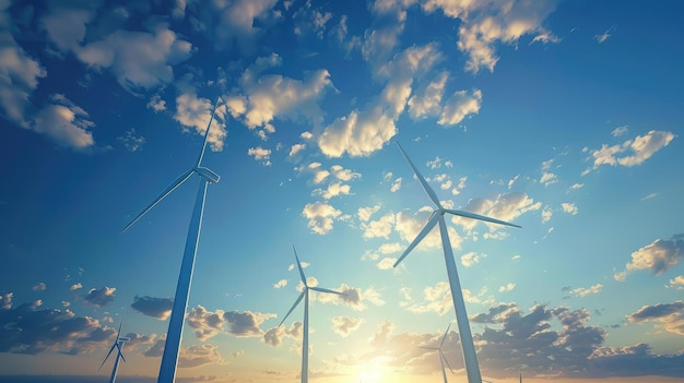 Windturbinen stehen hoch vor einem blauen Himmel und erzeugen saubere Energie aus der Kraft des Windes