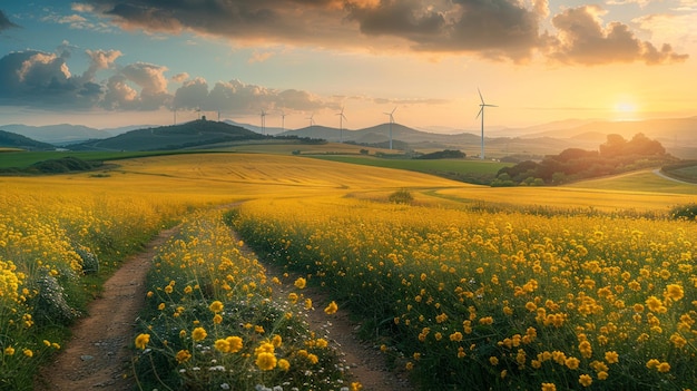 Windturbinen über Tarragona39s Rapsfelder goldene Farbtöne grüne Energie in Harmonie mit der Landwirtschaft nachhaltige Entwicklung in Spanien KI Generative