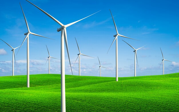 Windturbinenfarm auf grünen Grashügeln.