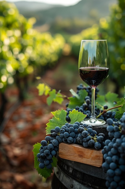 Foto wine glass on barrel at vineyard