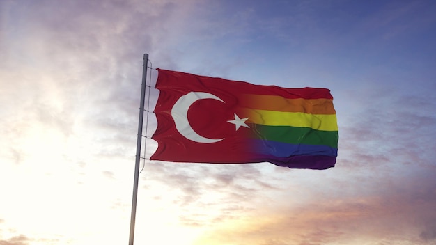 Winken der Nationalflagge der Türkei und des LGBT-Regenbogenfahnenhintergrunds