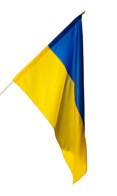 Winkende Nationalflagge der Ukraine lokalisiert auf weißem Hintergrund