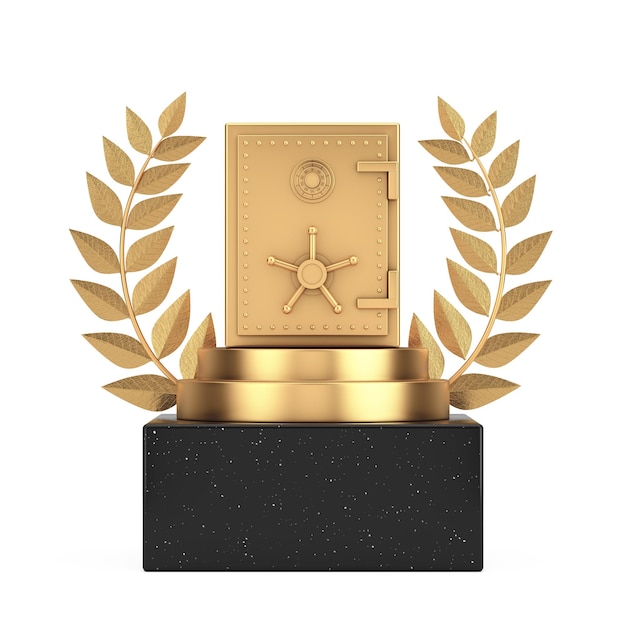 Winner Award Cube Gold Laurel Wreath Podium Stage oder Podest mit Golden Bank Safe 3D-Rendering