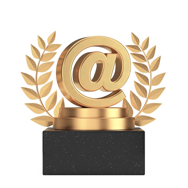 Winner Award Cube Gold Laurel Wreath Podium Stage oder Podest mit Golden Email Symbol oder At Sign 3d Rendering