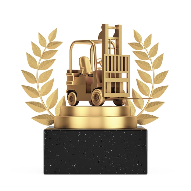 Foto winner award cube gold laurel wreath podium stage oder podest mit golden forklift truck 3d rendering