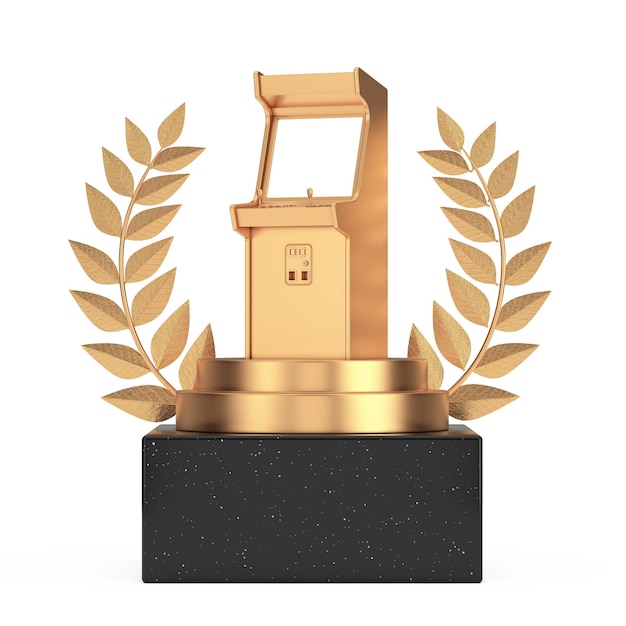 Winner Award Cube Gold Laurel Wreath Podium Stage oder Podest mit Golden Gaming Arcade Machine 3D-Rendering