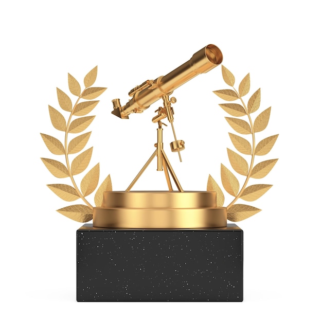 Winner Award Cube Gold Laurel Wreath Podium Stage oder Podest mit Golden Modern Mobile Telescope on Tripod 3d Rendering