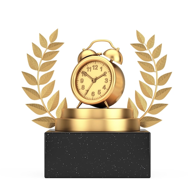 Winner award cube gold laurel wreath podium stage oder podest mit goldener wecker 3d-rendering