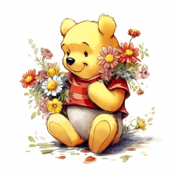 Winnie el Pooh con flores generativo ai