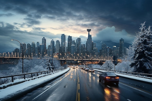 Winter-Autobahn Schneefall in der Stadt Stau im Winter-Hintergrund saisonaler Schnee Autobahnstraße