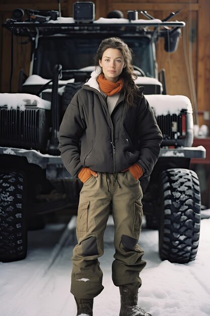 Foto winter charm delicate girl und allterrain-fahrzeug im schnee