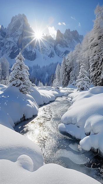 Winter-Gebirgsfluss in schneebedeckter LandschaftFrosensee Kiefern sind mit Schnee und Sonnenlicht bedeckt