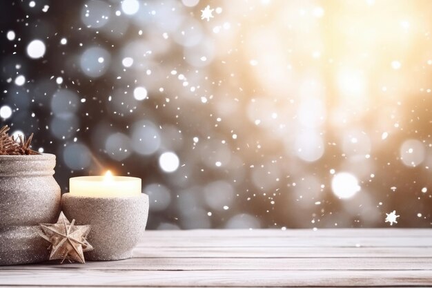 Foto winter gemütlicher hintergrund mit festlichem dekor weihnachtsdetails schnee auf einem holztisch und bokeh