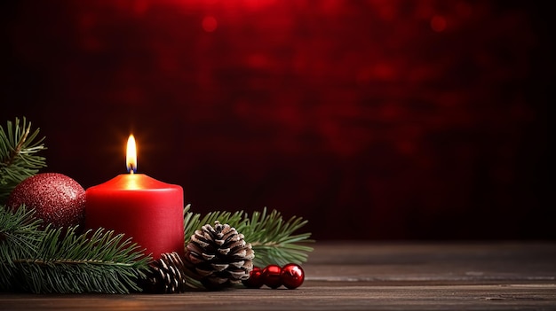 Winter gemütlicher roter Hintergrund mit Kerzen und Kiefernzweigen Weihnachts-Neujahrs-Header für eine Website